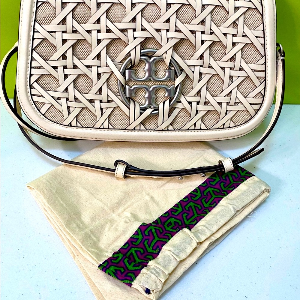 Tory Burch Miller Basketweave Leather Convertible Clutch Ivory/Brushed Nickel